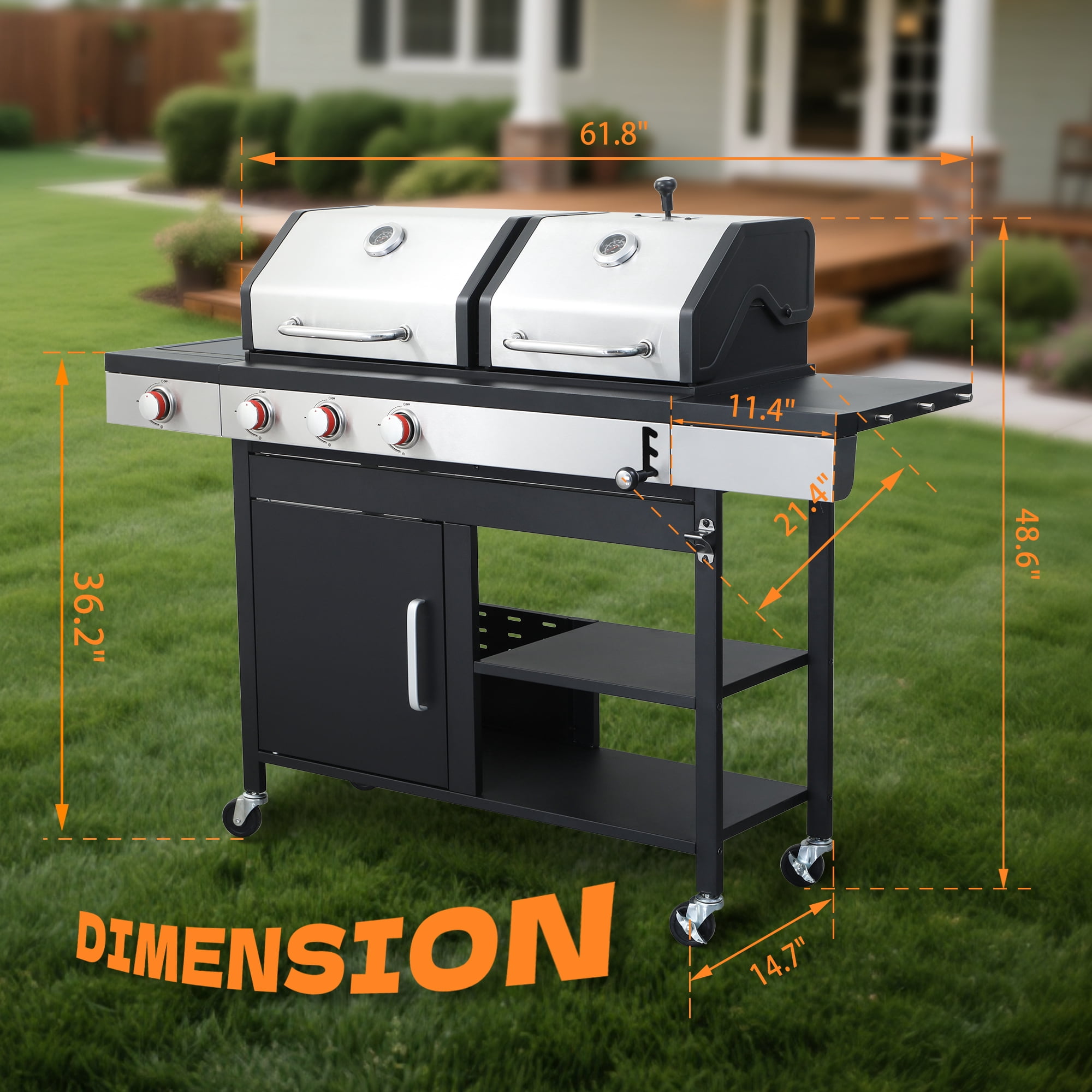 3-Burner Propane & Charcoal Combo Grill with Side Burner - 37,230 BTU Outdoor BBQ - Ceramic Cast Iron Grates & Stainless Steel Warming Rack - Backyard Barbecue