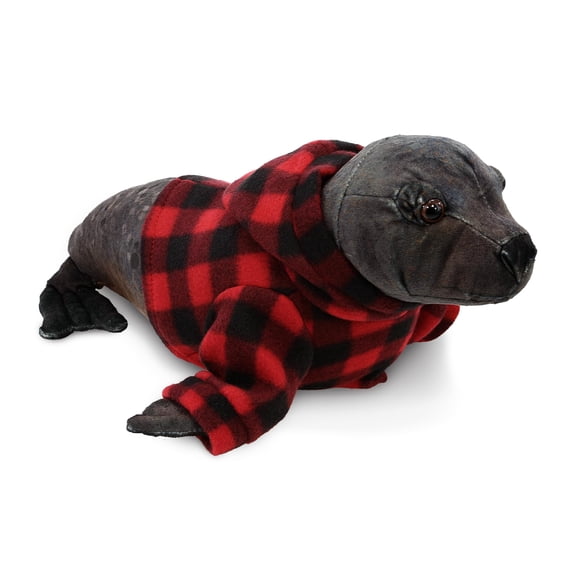 DolliBu Super Soft Wild Collection Sea Lion Stuffed Animal with Plaid Red Hoodie Sweater - Cute Sea Lion Plush Lumberjack Stuffed Toy with Plaid Jacket Dress Up for Christmas, Holiday - 15 Inches