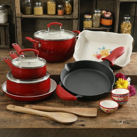 The Fiona Floral 17-Piece Classic Belly Aluminum Cookware Combo Set, Sunset Red