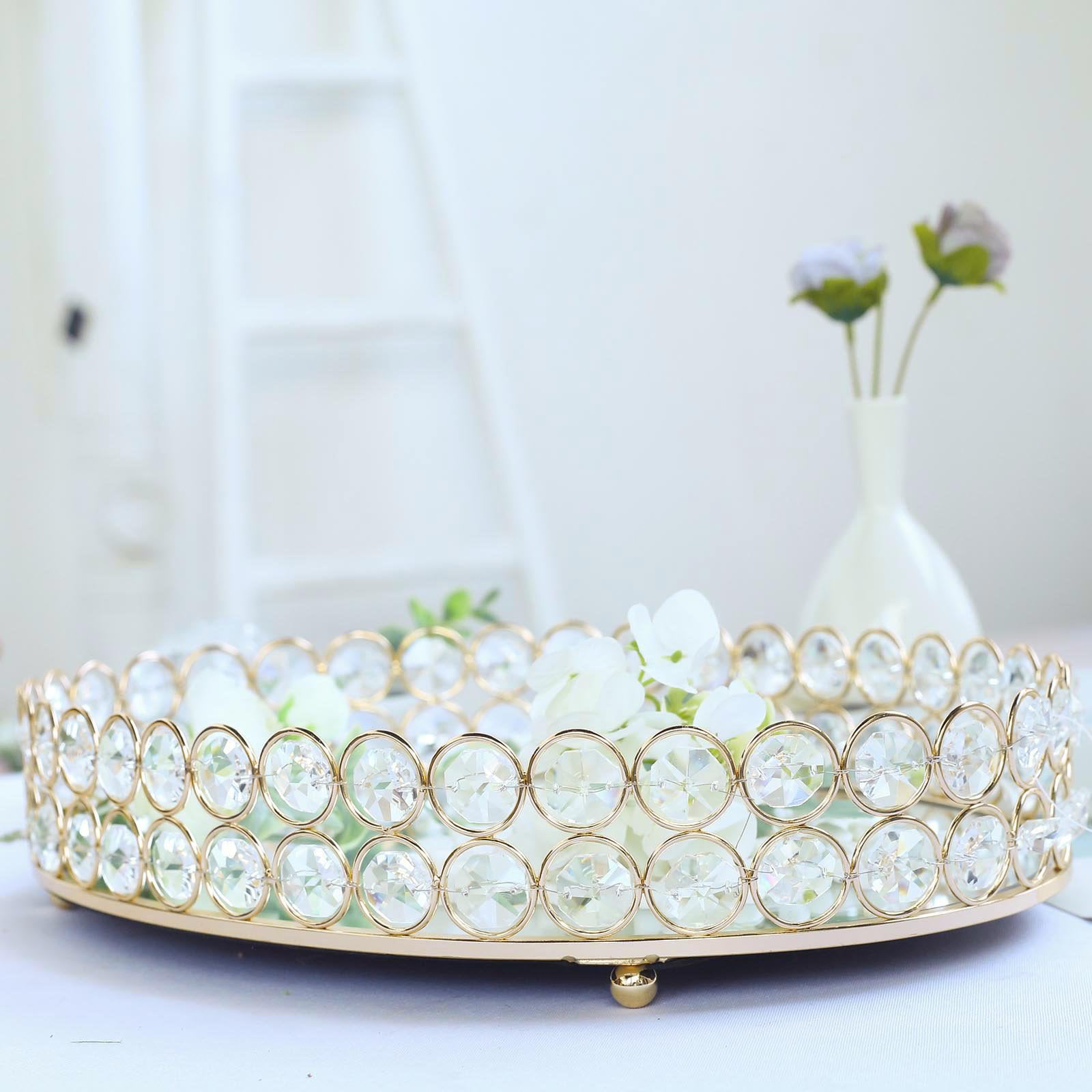 GOLD 14"x10" Metal Crystal Beaded Oval Mirror Serving Tray Wedding  Supplies 