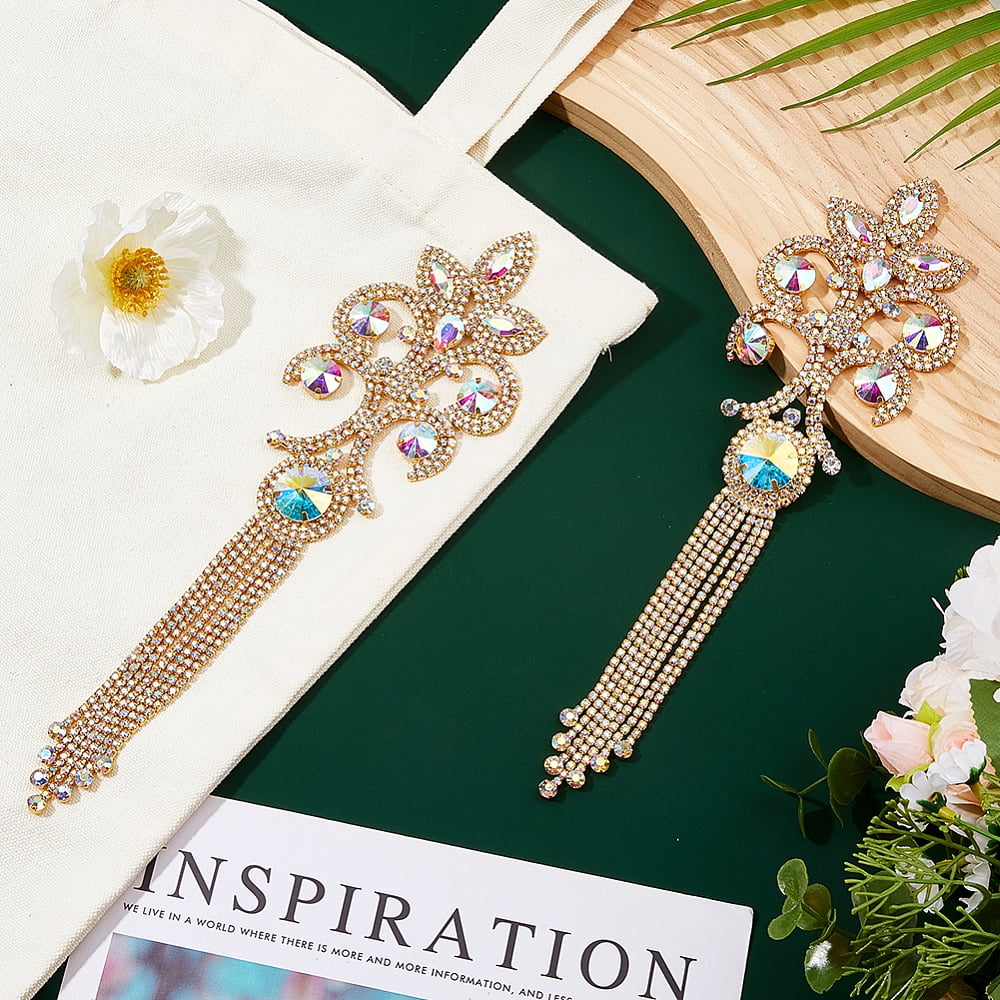 2PCS Rhinestone Applique Patches Tassel Rhinestone Patches Gold Tassel Epaulettes Glitter Shoulder Appliques Sew on Patch Costume Accessories DIY