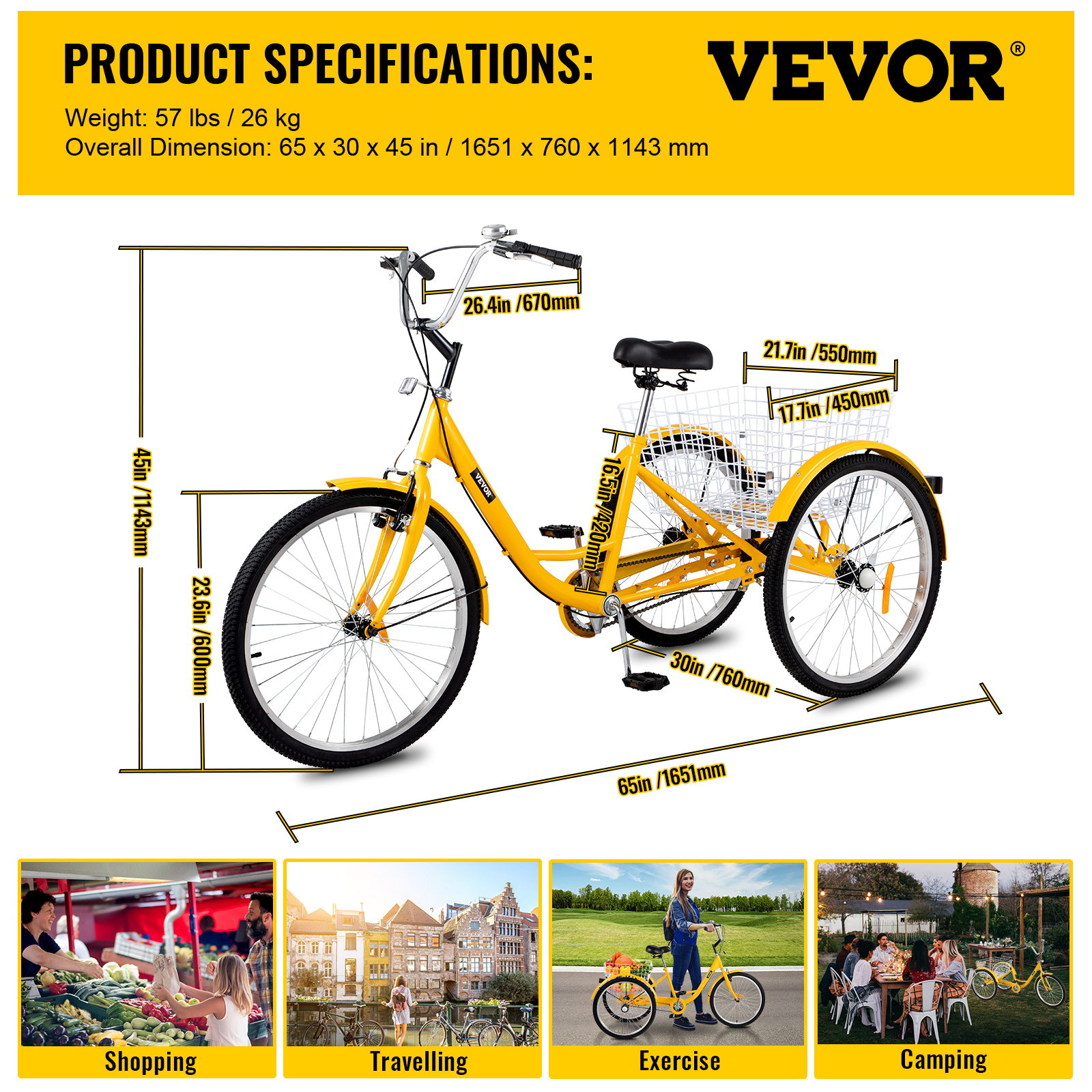 VEVOR Adult Tricycle 24 inch, 1-Speed Three Wheel Bikes , Yellow Tricycle with Bell Brake System, Bicycles with Cargo Basket for Shopping - image 7 of 9