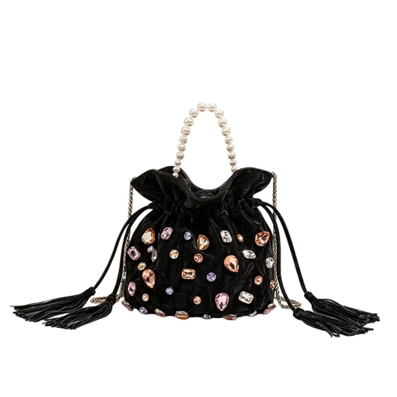 GULUCK Women Vintage Pearl Rhinestone Drawstring Crossbody Bag, Handheld Evening Purse