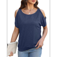 thumbnail image 3 of Camisetas Holgadas de Verano con Cuello Redondo, Informales y A , con Hombros Descubiertos, Grandes para Mujer. Azul Marino L, 3 of 8
