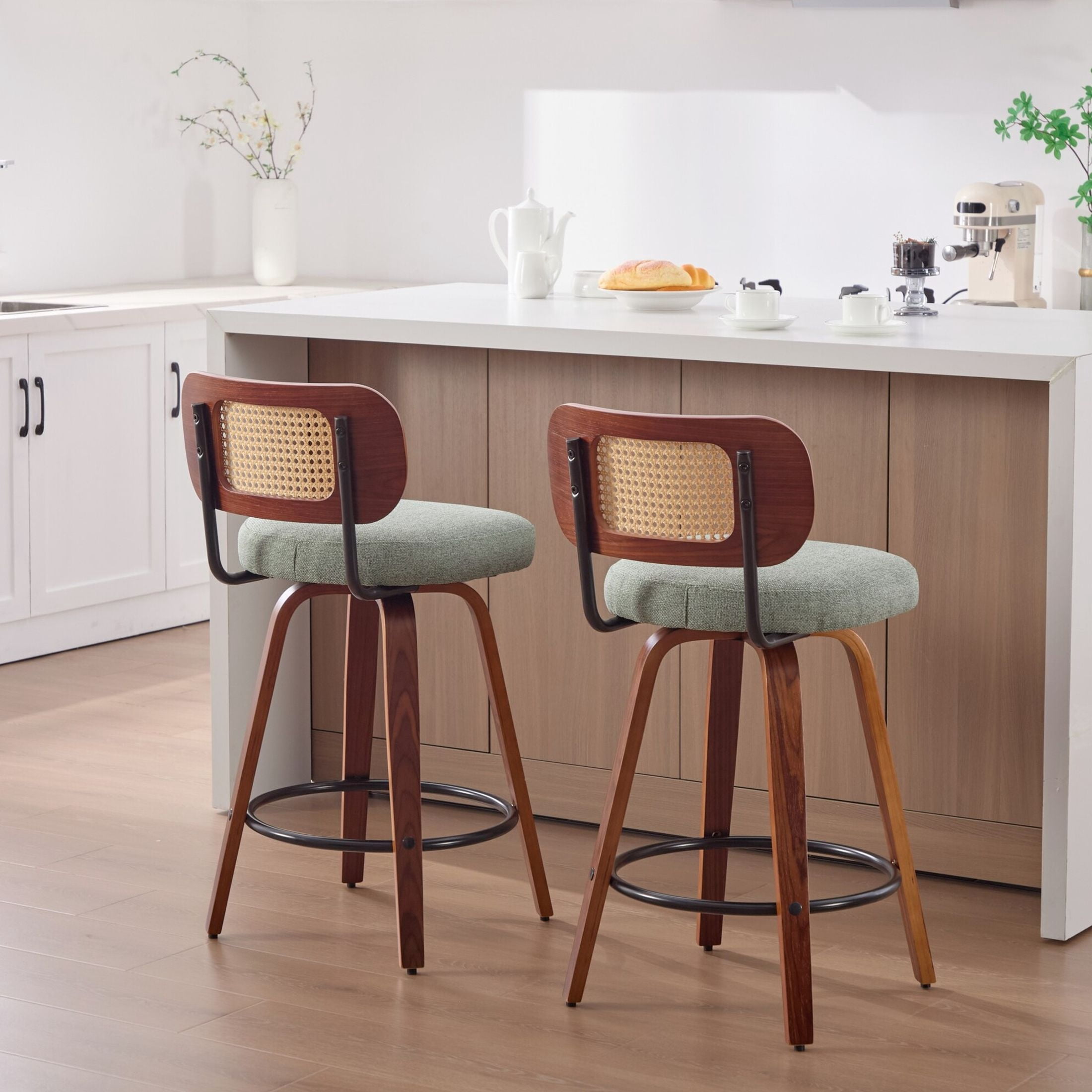 Noble House Set of 2 Counter Height Bar Stools, Cane Back, Linen Upholstered Seat, Walnut + Light Green