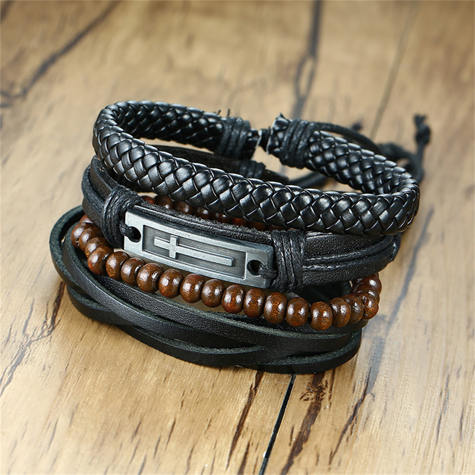 Braided Wrap Leather Bracelets For Men - Vintage, Life Tree, Rudder Charm,  Wood Beads Wrist Black Brown - Temu