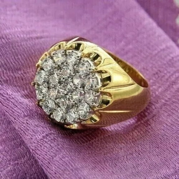 3Ct Round Cut Lab Created Diamond Men's Cluster Ring 14K Yellow Gold Plated Silver
