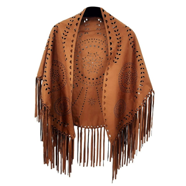 Poncho holgado con flecos de ante para mujer - Chal abierto con estampado perforado, tejido de poliéster, talla única, elegantes flecos para llevar en ocasiones informales, en la playa y en festivales