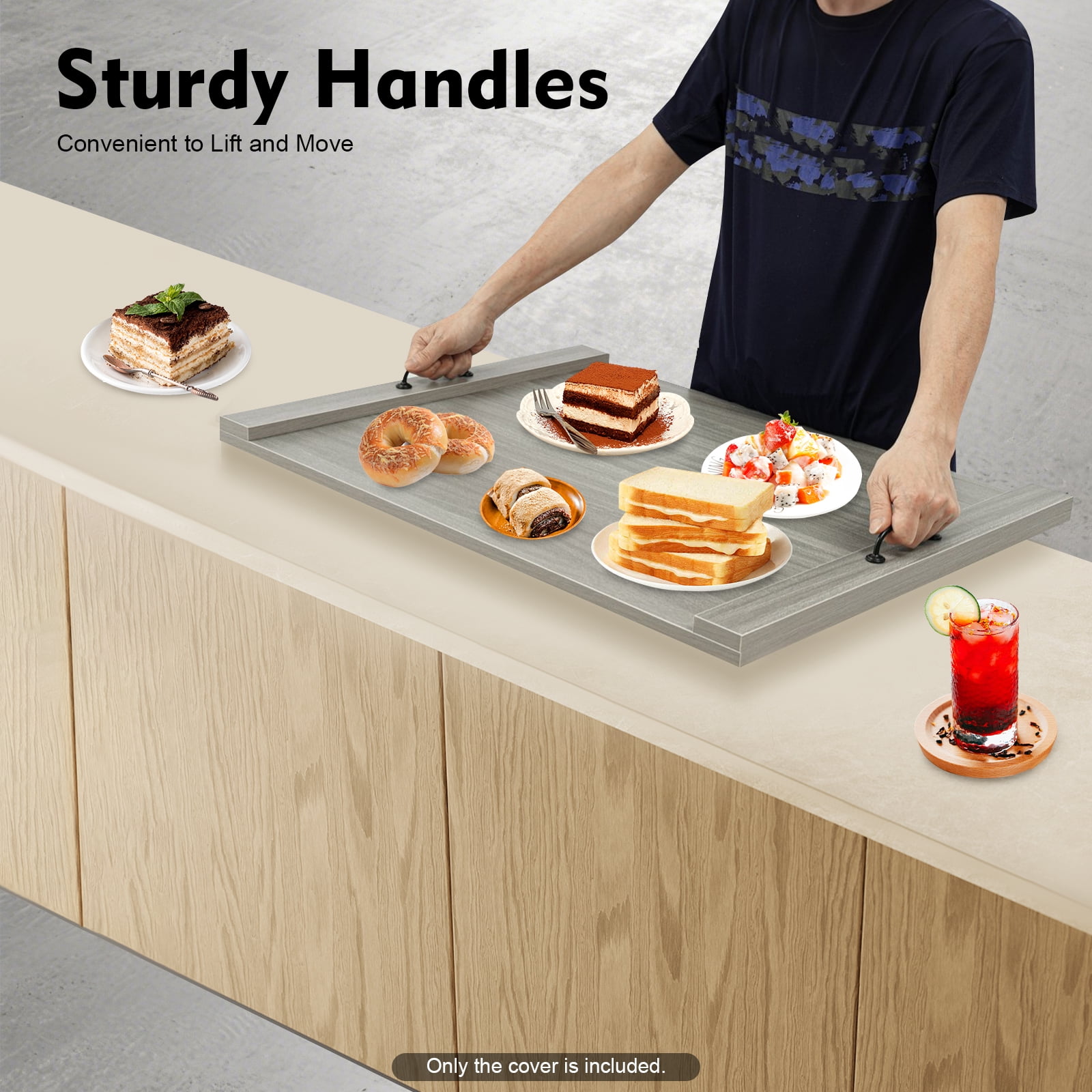 Stove Top Cover for Gas & Electric Stoves, 30"x22" Wood Noodle Board with Handles, Grey Melamine Countertop Extender for Kitchen Sink, RV, Apartment, Cutting Board Serving Tray