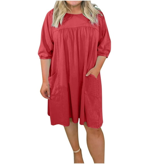fatyb Summer Dresses for Women Puff Half Sleeve Loose Midi Dress Pleated Casual Tshirt Dress with Pockets