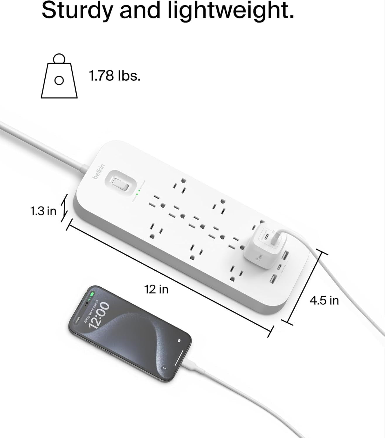 Belkin 12-Outlet Surge Protector Power Strip w/ 12 AC Outlets, 1 USB-C Port, & 2 USB-A Ports, 6ft Cable, Overload and Overvoltage Protection, and On/Off Power Switch - 4,000 Joules of Protection