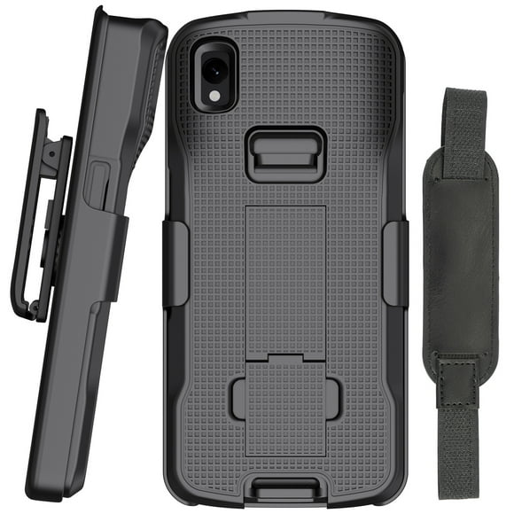 Case + Hand Strap + Belt Clip Combo for Zebra TC22 TC27 Mobile Computer Scanner, Nakedcellphone Slim Hard Shell Cover with Kickstand and [Rotating/Ratchet] Belt Hip Holster Holder Combo - Black