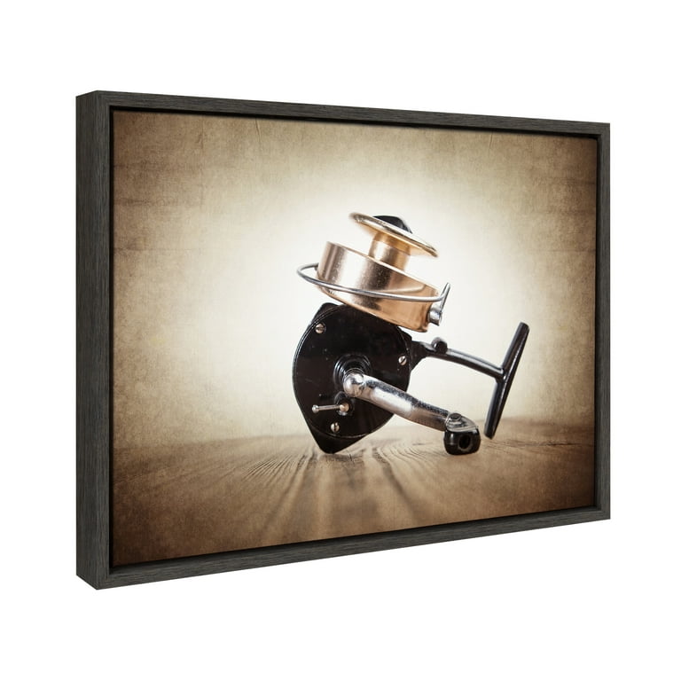 DesignOvation Sylvie Vintage Fishing Reel Framed Canvas By Shawn St. Peter,  18x24 Dark Grey, Transitional Sports Wall Decor For Office, Bedroom, Or  Living Room 
