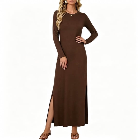 Aimik Women's Crew Neck Long Sleeve Bodycon Maxi Dress Solid Color Slim Fit Casual Basic Tunic Dress Summer Dresses for Women