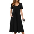 thumbnail image 3 of CFLVAEK Summer Dresses for Women with Pockets Elegant Pleated V Neck Dress Solid Short Sleeve Summer Dresses Black M, 3 of 7
