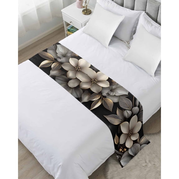 Xipuska Gold Black Flower Bed Runners for Queen Size Bed, Decorative Bed Throws for Foot of Bed, Blossoming Botanical Prints Leaf Bed Runner Sofa Throw Bedding Scarf Protector Slipcover for Bedroom