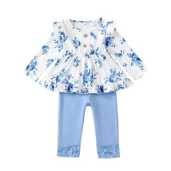 KIMI BEAR Infant Baby Girls Outfits 12-18 Months Winter Spring Clothes Sets Ruffle Long Sleeves Pullover Top Floral Top Solid Color Pants Sets 2PCs Blue