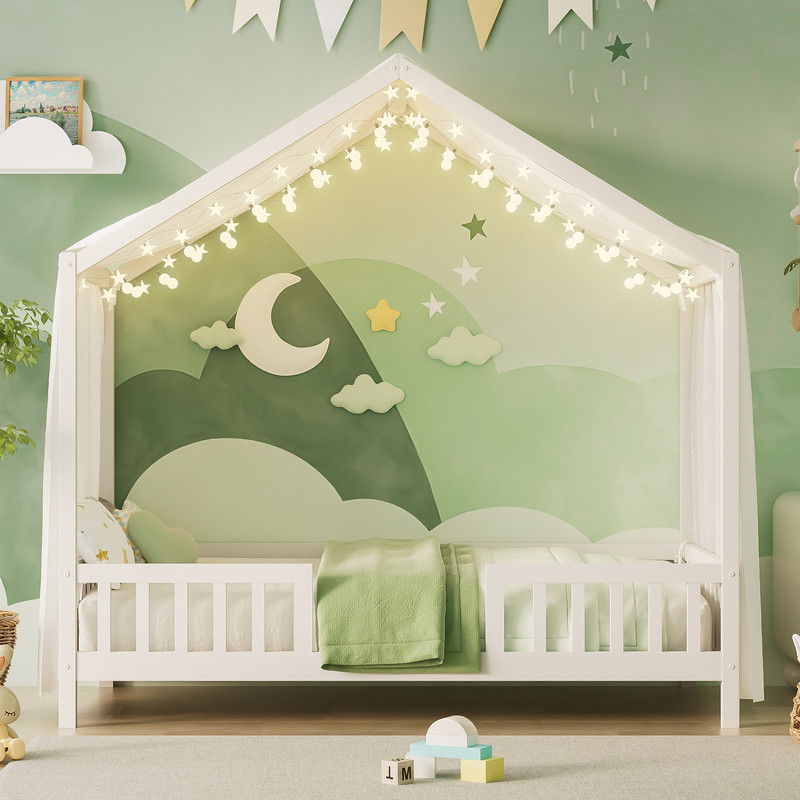 Mirightone Twin Toddler Bed Frame with Rails, Montessori Floor Bed, Wood House Twin Canopy Bed Frame, Twin Bed Frame for Girls Boys, White