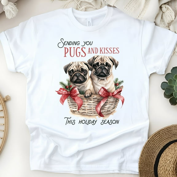 Funny Pug Shirt | Pugs and Kisses Graphic Tee for Dog Lovers, White, Size S