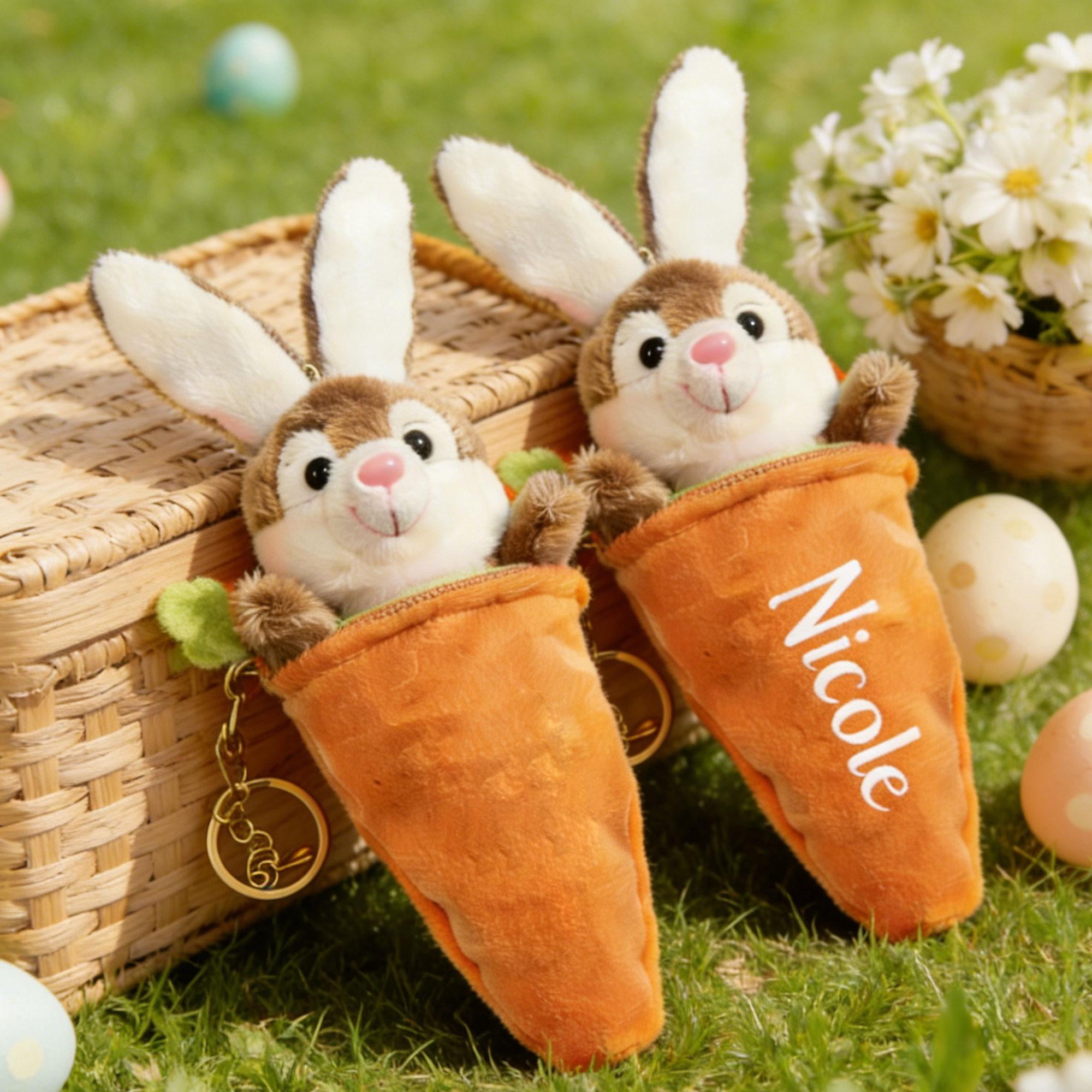 Personalized Easter Bunny Plush Accessory in Carrot Pouch – Custom Name Rabbit Gift