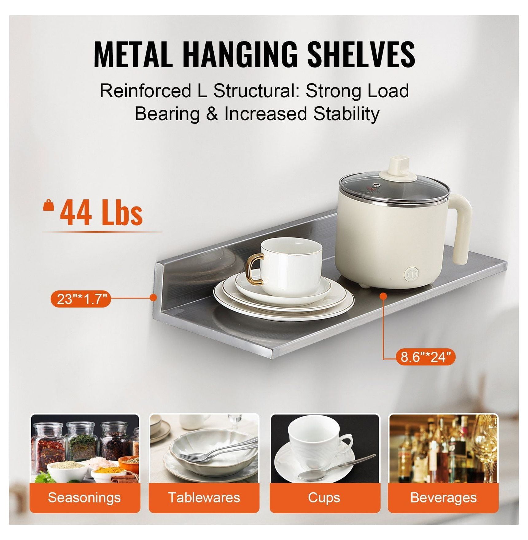 Stainless Steel Shelf 8.6" x 24", Wall Mounted Floating Shelves with Backsplash, 44 lbs Capacity, Heavy Duty Storage for Restaurant, Bar, Home (2 Pack)