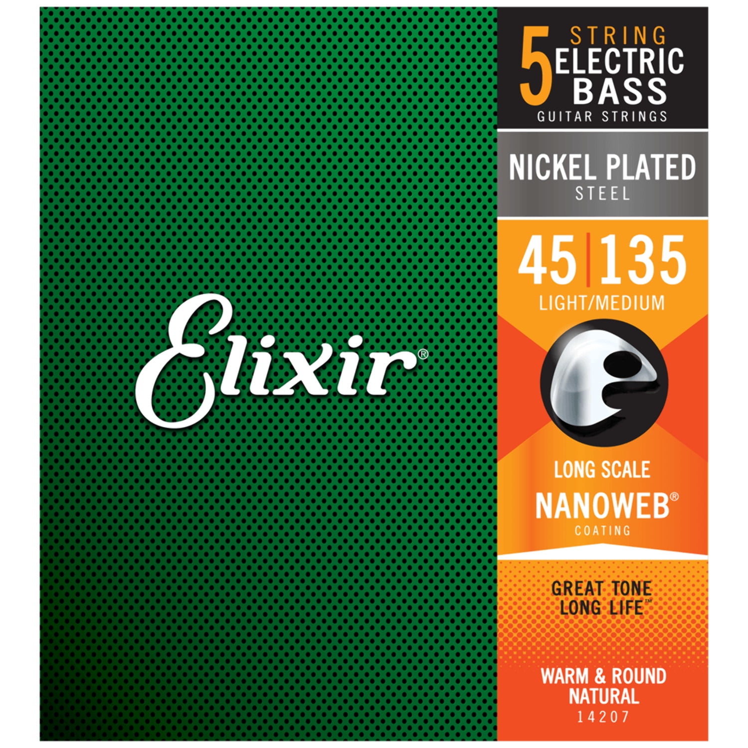 Elixir Nickel Plated Steel 5-String Bass Strings Long Scale Light/Med 045-135
