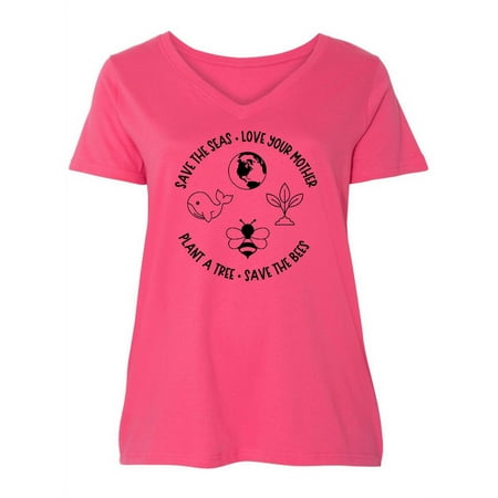 

Inktastic Earth Day Save The Seas Love Your Mother Plant a Tree Save The Bees Women s Plus Size V-Neck