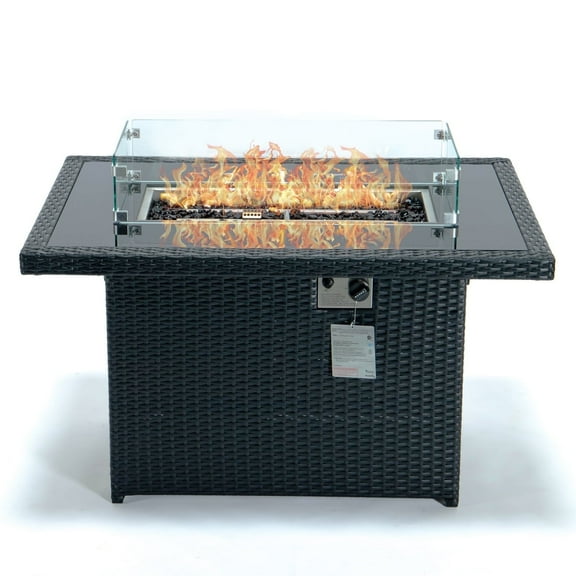LeisureMod Wicker 55,000 BTU Fire Pit Table with Removable Lid and Tempered Glass Shield Propane Tank Storage for Modern Home, Patio, Backyard Garden Mace Collection in Black