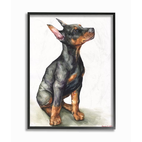 Stupell Industries Doberman Puppy Dog Pet Animal Watercolor Painting Framed Giclee Texturized Art by George Dyachenko