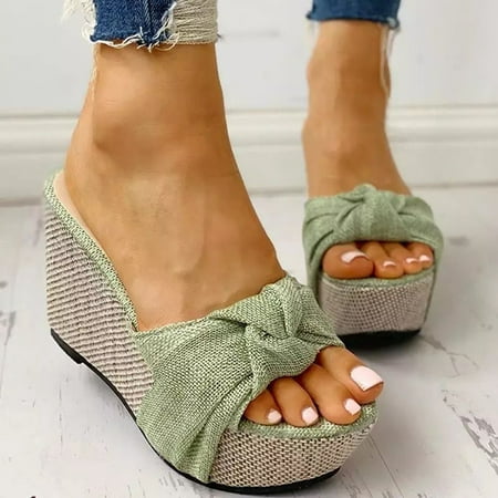 

AXXD Sandals Women Bowknot Slope Heel Open Toe Casual Shoes Solid Slippers Comfortable Platform Sandals Shoes(7.5 Green)