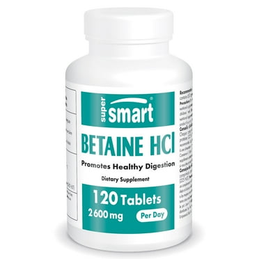 SuperSmart - Betaine HCI 2600 mg per Day (Hydrochloride) - Digestive Bitters - Pepsin Support - with Protease | Non-GMO & Gluten Free - 120 Tablets