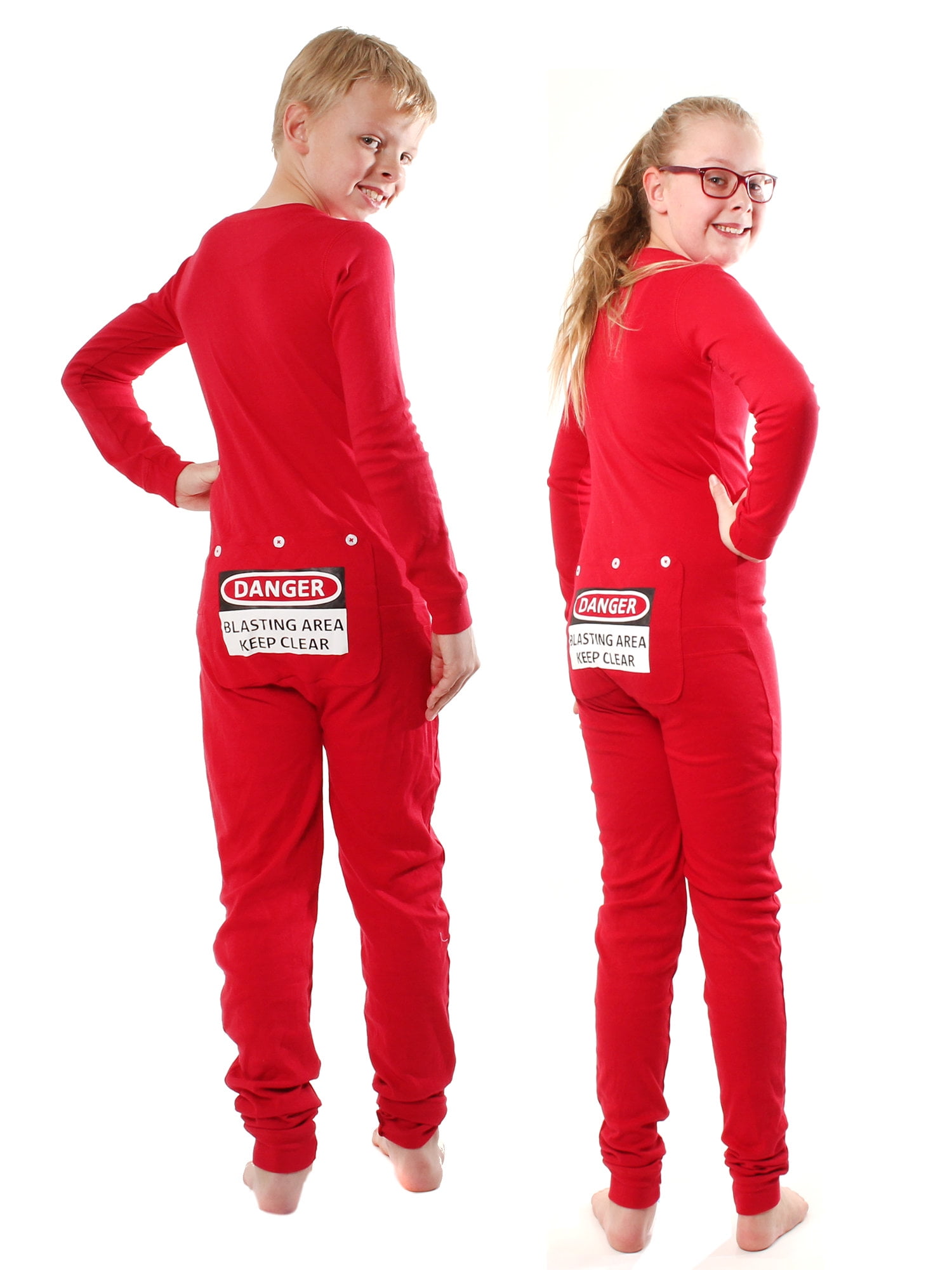 Big Feet Pajama - Red Union Suit Kids Pajamas DANGER BLAST AREA Sign on ...