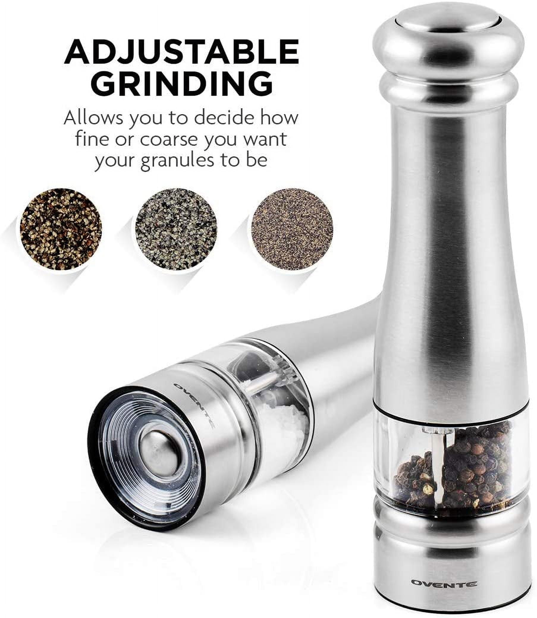 OVENTE Electric Stainless Steel Tall Sea Salt and Pepper Grinder Set with  Ceramic Blade, Battery Operated Adjustable Coarseness Salt & Pepper Mill  Automatic One Handed Touch, Pack of 2 Silver SPD112S 