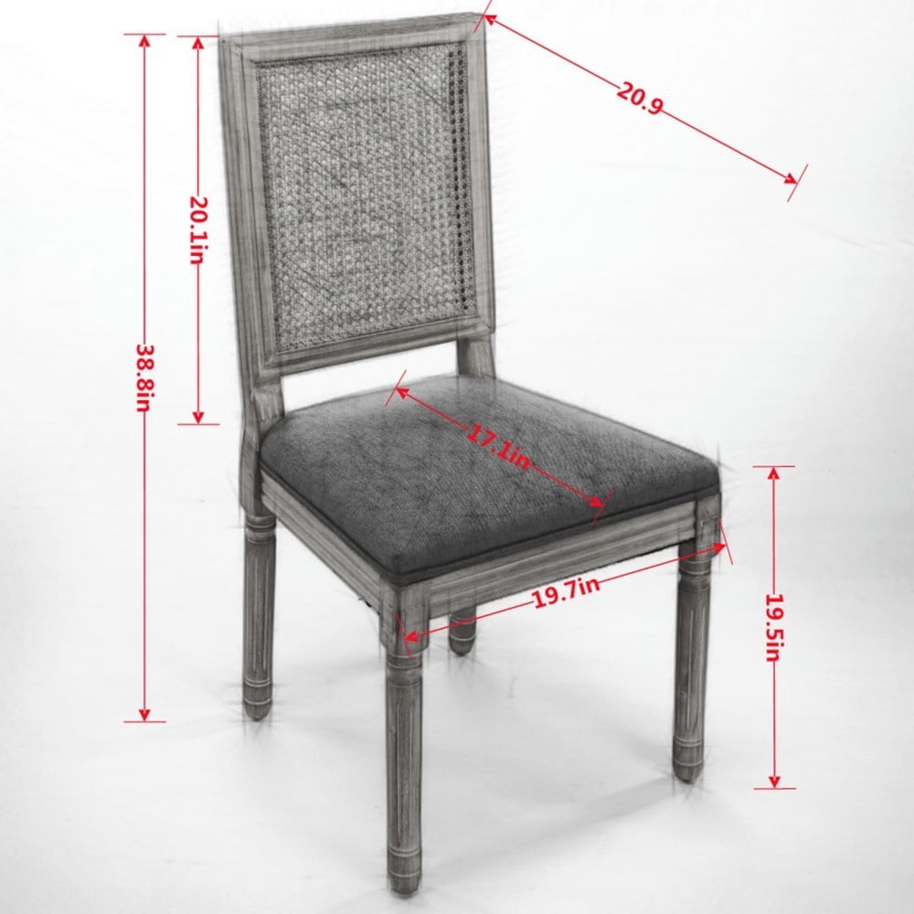 French Dining Chairs Set of 2, Louis Style Chairs with Square Rattan Backrest, Carved Solid Wood Frame, Linen Upholstered Seat, Beige