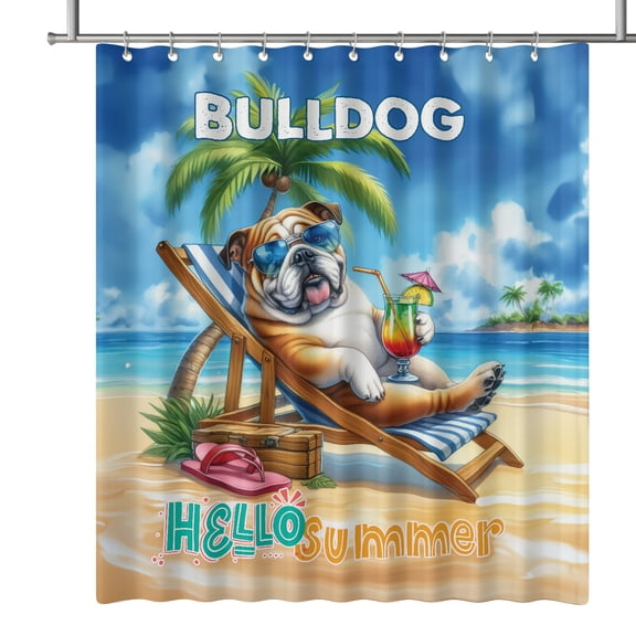 Bulldog Hello Summer Beach Theme with Sunglasses and Tropical Cocktail Shower Curtain Dog Lover Gifts Idea Waterproof Bathroom Bathtub Curtain - 00009