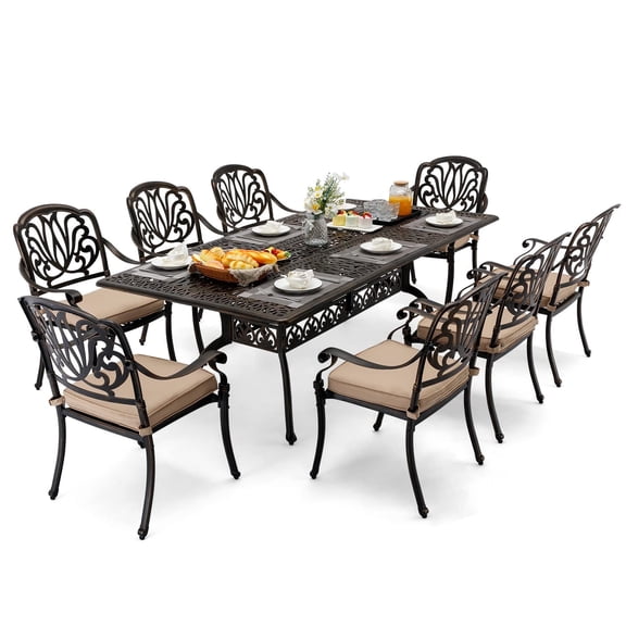 ATKELITION 9-Piece Outdoor Dining Set Cast Aluminum Retro Balcony Patio Dining Set for 8, 86.6'' Table with Umbrella Hole and 6 Chairs with Cushion