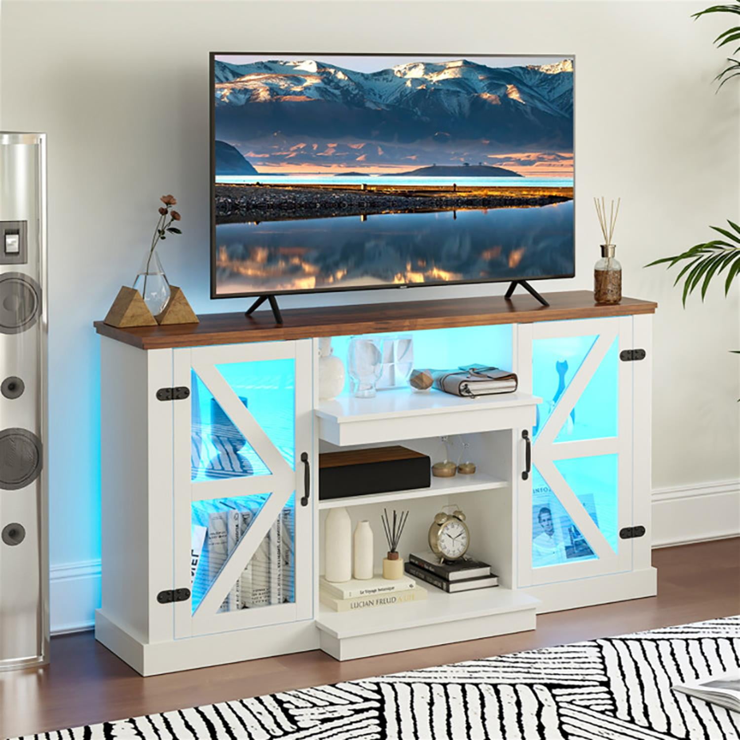 Demi Bonn TV Stand for 68" TVs, Entertainment Center with 3-Level Shelves and 22 Dynamic Modes, Modern Media TV Console Table for Living Room Bedroom, White