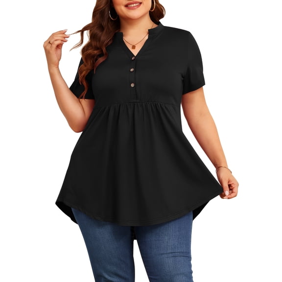 TARAINYA Women Plus Size Flutter Short Sleeve Henley Neck Top Loose Casual