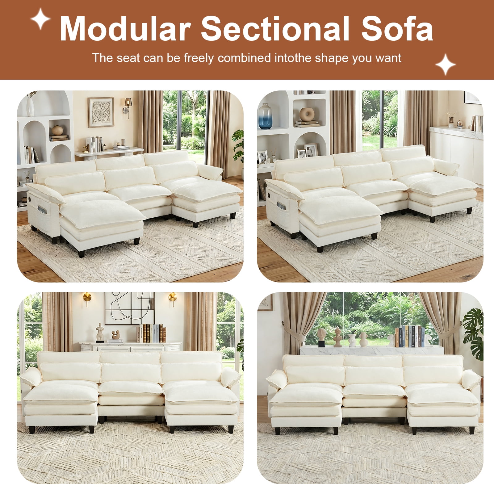 Howcool 113" Modular Sectional Sofa , 3 Seater U-Shaped Cloud Couch with Movable Ottoman, USB Charging Ports & Side Pockets, Sectional couchs for Living Room,Chenille Fabric,Beige