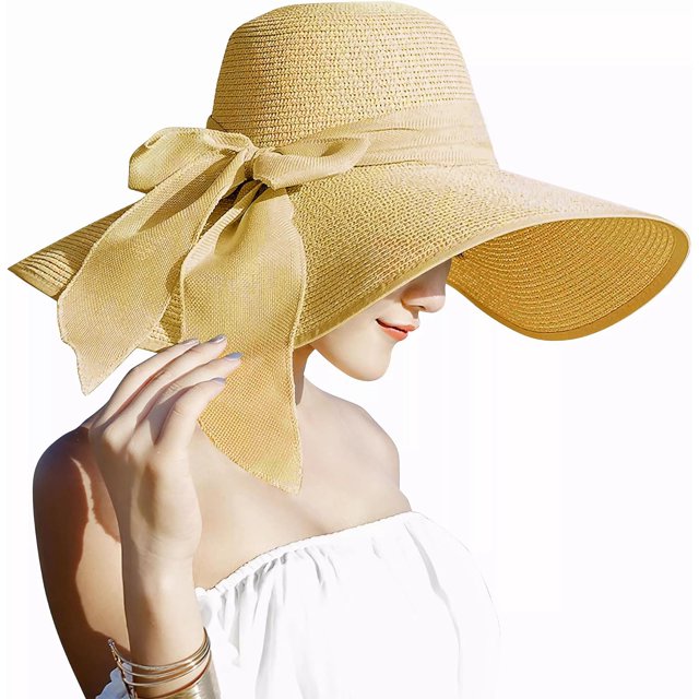 Womens 5.5 Inches Big Bowknot Straw Hat Large Floppy Foldable Roll up Beach Cap Sun Hat UPF 50+