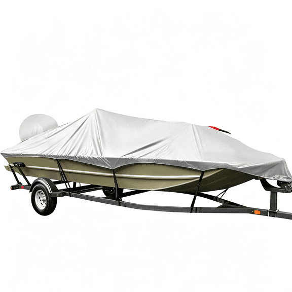 RIONIMA 800D Heavy Duty Waterproof Boat Cover 16-18.5 Ft, Grey | Fits Bass/V-Hull/Runabout/Fishing/Bowrider Boats - Canvas Protective Cover with Motor Cover for 16 17 18.5 Foot Boats