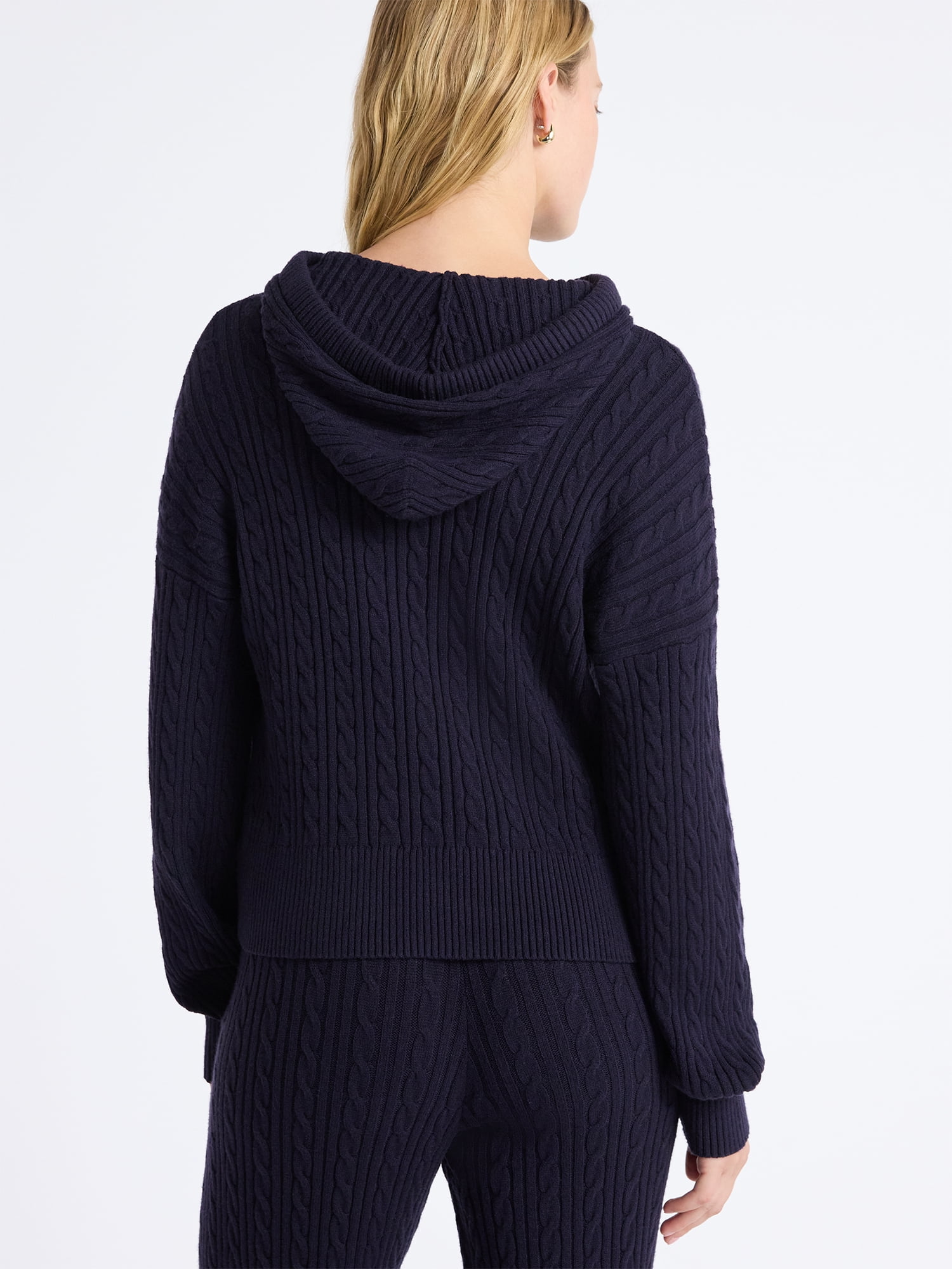 Free Assembly Women's Cozy Yarn Cable Knit Hoodie Sweater, Midweight, Size XS-XXL