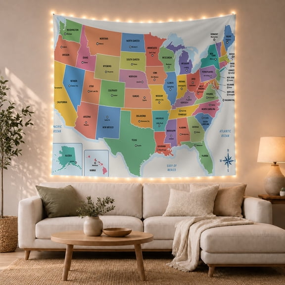 United States Map with State Capitals, Calming Illustration for Map Lovers, Educational Wall Art, Back to School Gift, Tapestry Wall Hanging for Classroom and Office