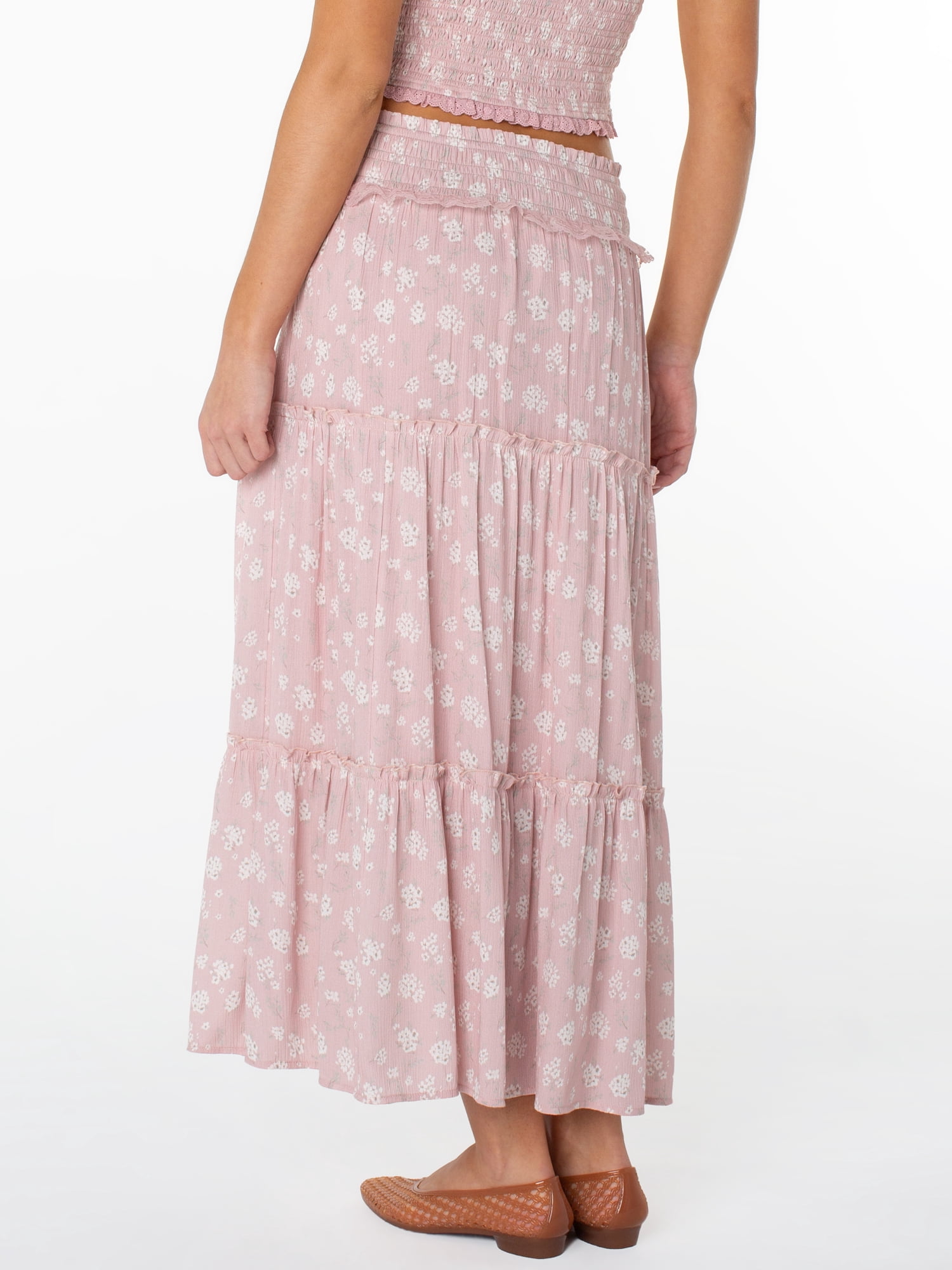 Celebrity Pink Women's and Women's Plus Floral Print Tiered Maxi Skirt, Sizes XS-4X