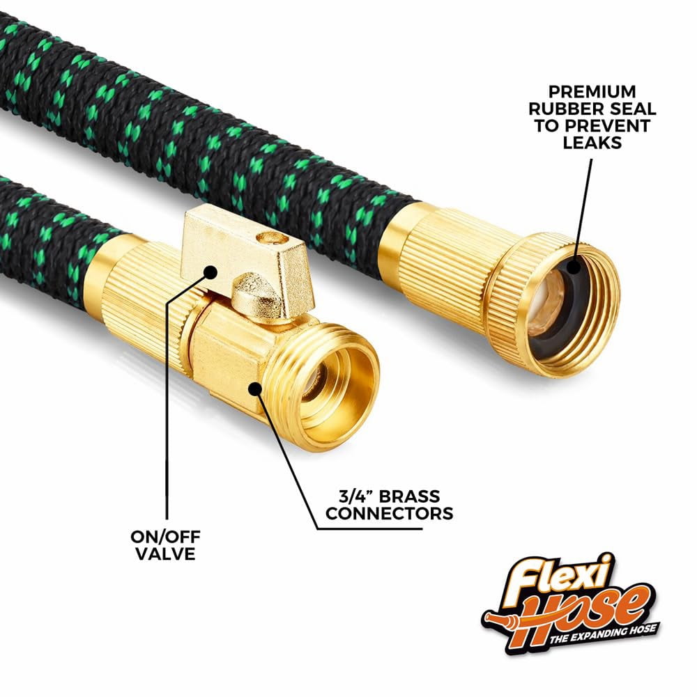 Flexi Hose with 8 Function Nozzle, 50FT - Lightweight Expandable Garden Hose, No-Kink Flexibility, 3/4 Inch Solid Brass Fittings and Double Latex Core - Black and Green