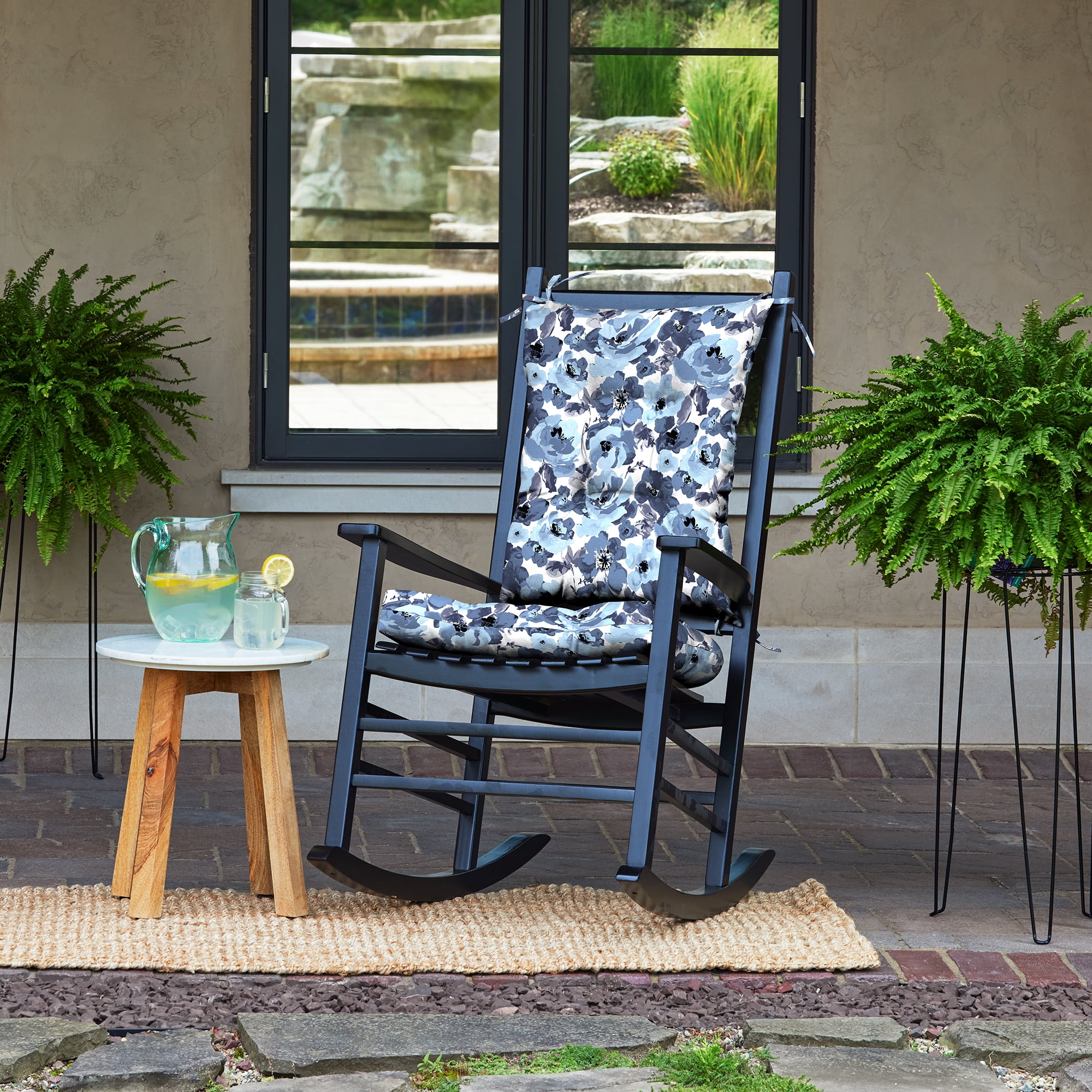 ARDEN Plush Indoor/Outdoor Rocking Chair Cushion Set, 2-Pack, 18 x 20, Water repellent, Fade Resistant, Tufted Cushion for Rocking Chairs 18 x 20, Blue Garden Floral