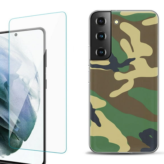 Slim-Fit Fashion Gel Phone Case for Samsung Galaxy S22  5G / S22 Plus 5G, with Tempered Glass Screen Protector, by OneToughShield ® - Camo Green