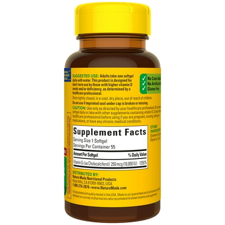Nature Made Maximum Strength Vitamin D3 10000 IU (250 mcg) Softgels, Dietary Supplement, 55 Count