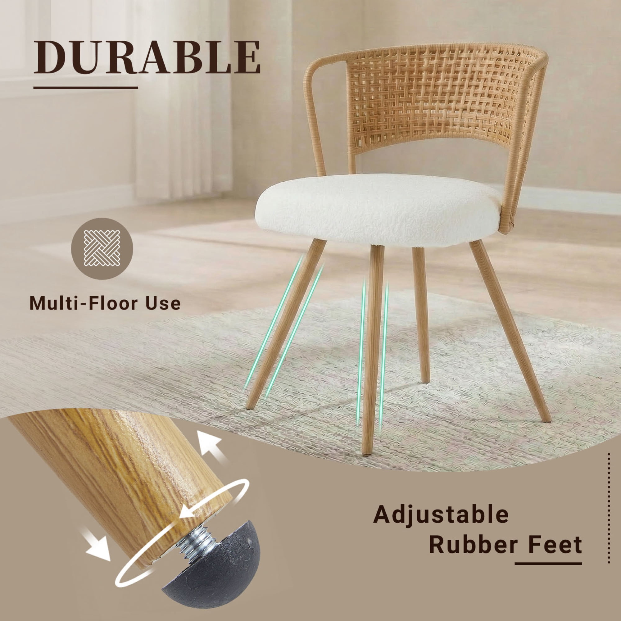 Leumius Set of 4 Wicker Dining Chairs, Farmhouse Soft Cushioned Cane Back Kitchen Chair, Sponge Cushion, Wing-Back Dining Chair with Metal Legs for Home and Kitchen (Brown)