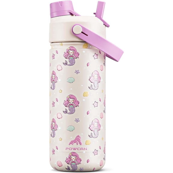 POWCAN 18 oz Kids Insulated Stainless Steel Water Bottle, 2-in-1 Straw & Spout Lid, Leak-Proof, Keep Cold 24H, BPA-Free Kids Cup for School, Sports, Travel, Gift (Starry Mermaid)